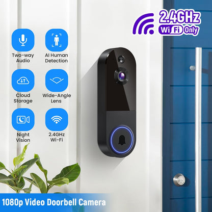 1080P Wireless Video Doorbell Camera, AI Human Detection, 2-Way Talk, Night Vision, Cloud Storage, Indoor Outdoor Dome Surveillance Camera, Battery Powered
