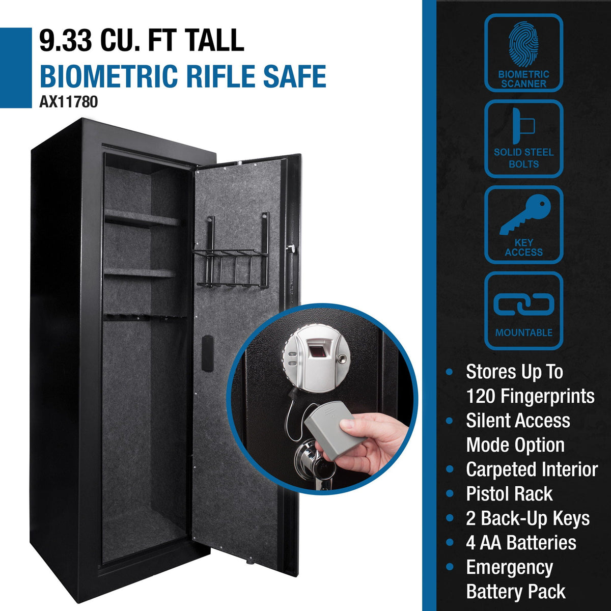9.33 Cubic Ft Tall Biometric Rifle Safe - Black