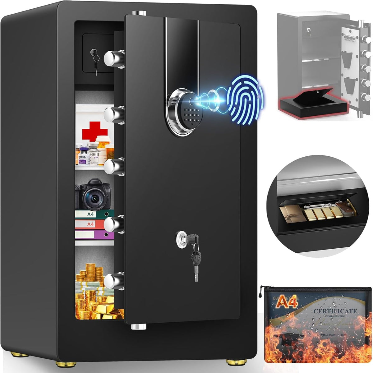 8.5 Cuft Heavy Duty Biometric Safe Box, Home Safes Water Fireproof | Large Document Safety with Bottom Hidden Safe and Dual Alarms, Digital Security Safety Box for Money Jewelry Firearm Medicine
