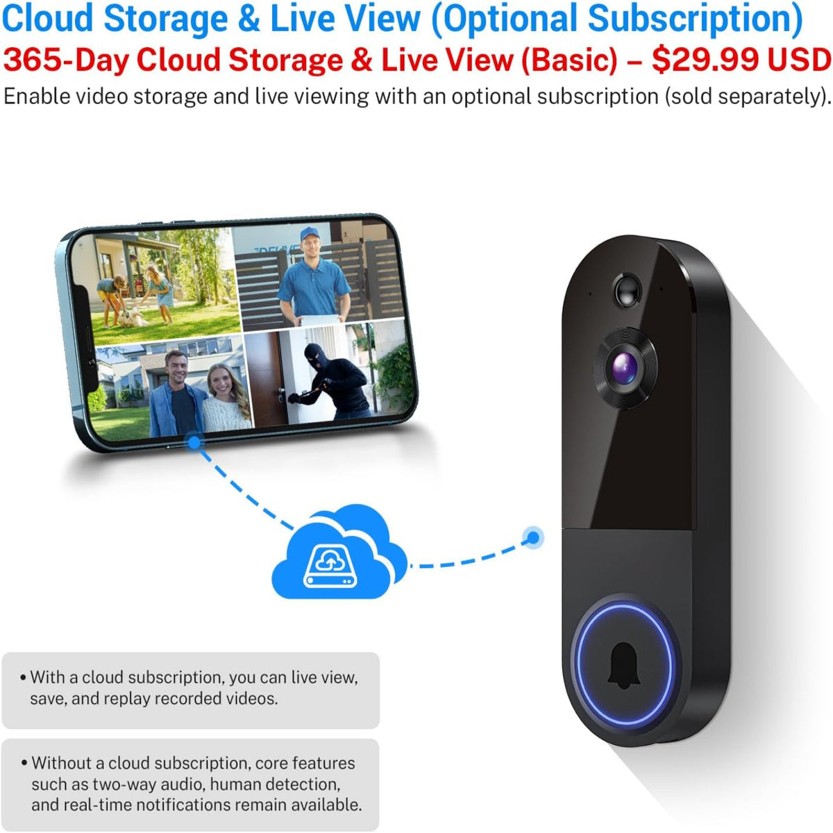 1080P Wireless Video Doorbell Camera, AI Human Detection, 2-Way Talk, Night Vision, Cloud Storage, Indoor Outdoor Dome Surveillance Camera, Battery Powered