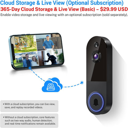 1080P Wireless Video Doorbell Camera, AI Human Detection, 2-Way Talk, Night Vision, Cloud Storage, Indoor Outdoor Dome Surveillance Camera, Battery Powered