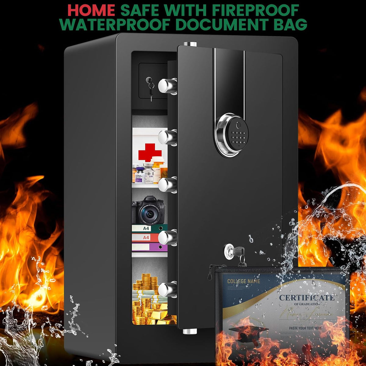 8.5 Cuft Heavy Duty Biometric Safe Box, Home Safes Water Fireproof | Large Document Safety with Bottom Hidden Safe and Dual Alarms, Digital Security Safety Box for Money Jewelry Firearm Medicine