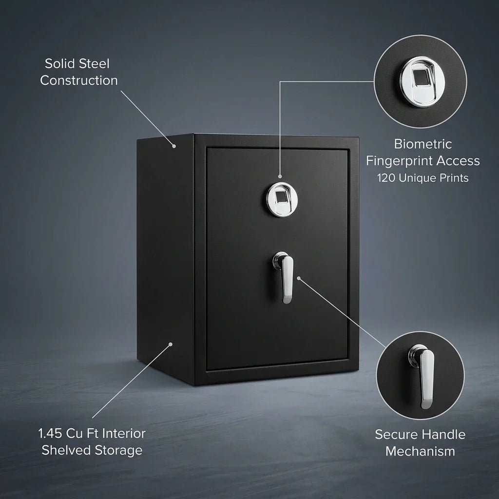 Biometric Safe Designed for Secure Storage, 1.45 Cu Ft Capacity, 120 Fingerprint Memory, Steel Construction — infographic
