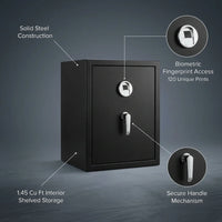 Biometric Safe Designed for Secure Storage, 1.45 Cu Ft Capacity, 120 Fingerprint Memory, Steel Construction — infographic