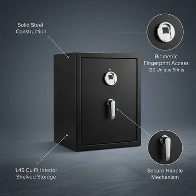 Biometric Safe Designed for Secure Storage, 1.45 Cu Ft Capacity, 120 Fingerprint Memory, Steel Construction