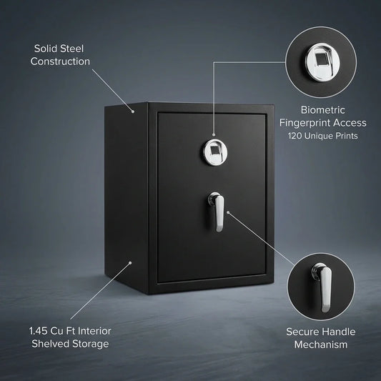Biometric Safe Designed for Secure Storage, 1.45 Cu Ft Capacity, 120 Fingerprint Memory, Steel Construction — infographic